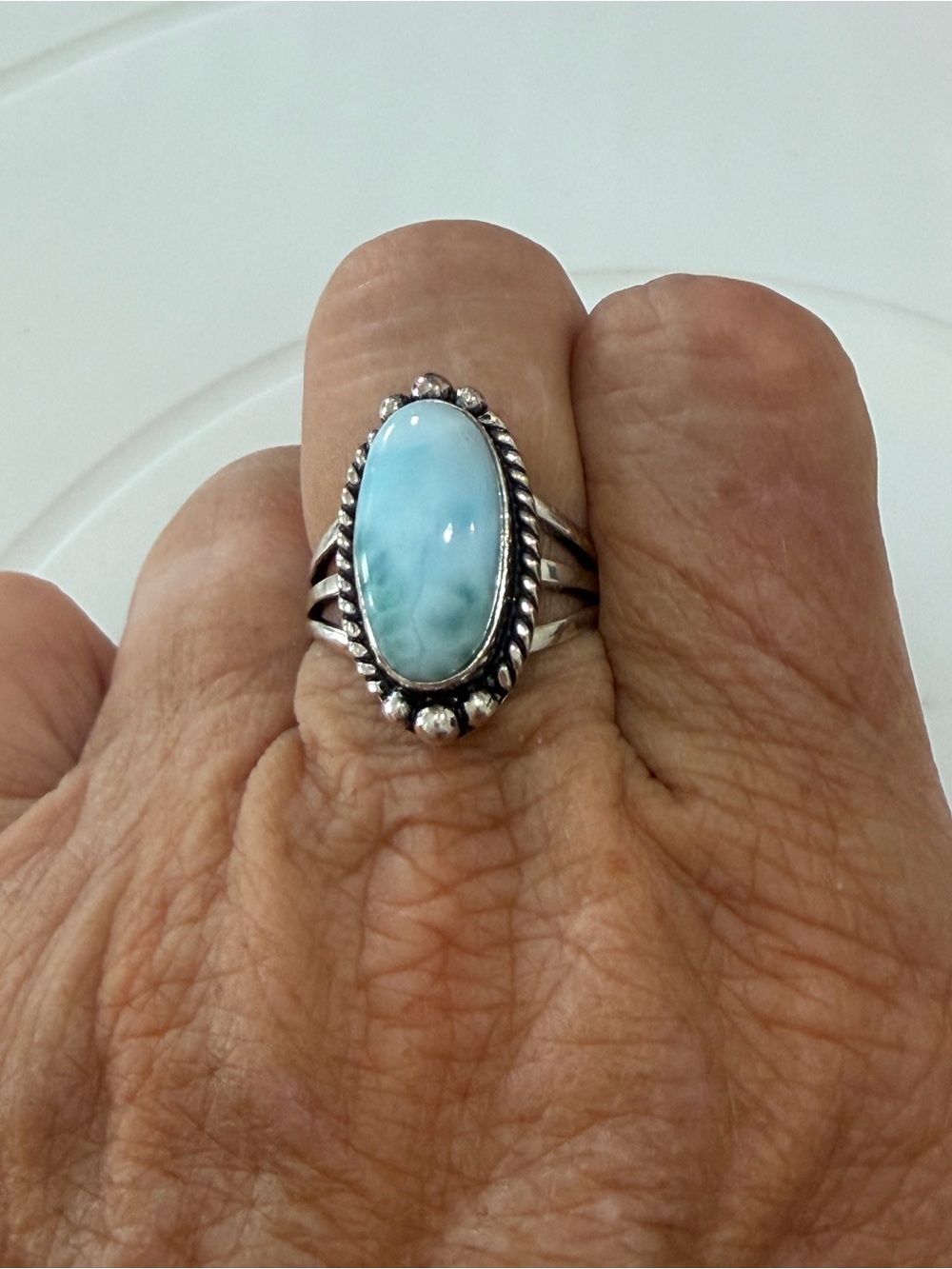 Sterling Silver Larimar Oval Cabochon Ring size 8